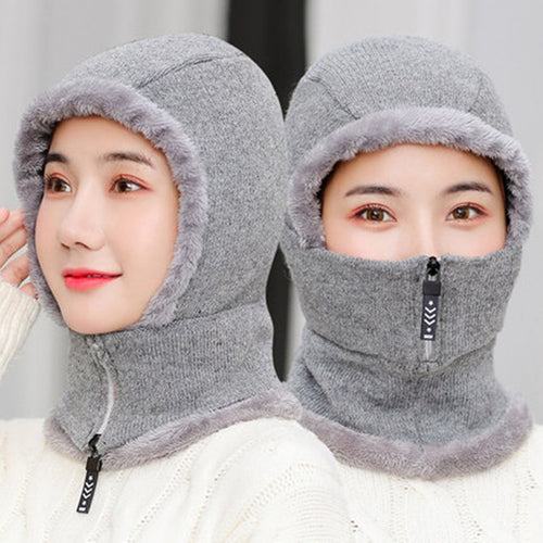 Load image into Gallery viewer, Winter Knitted Add Fur Lined Warm With Zipper Keep Face And Ear Balaclava Knitted Woolen Warm Winter Cap
