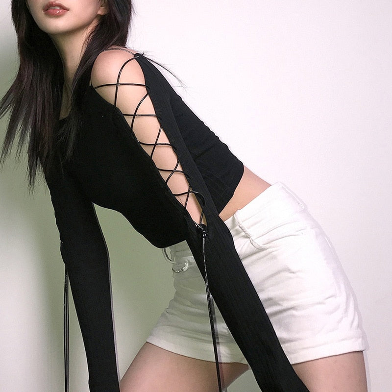 Sexy Bandage Hollow Out Gothic Punk Bodycon Crop Top Long Sleeve
