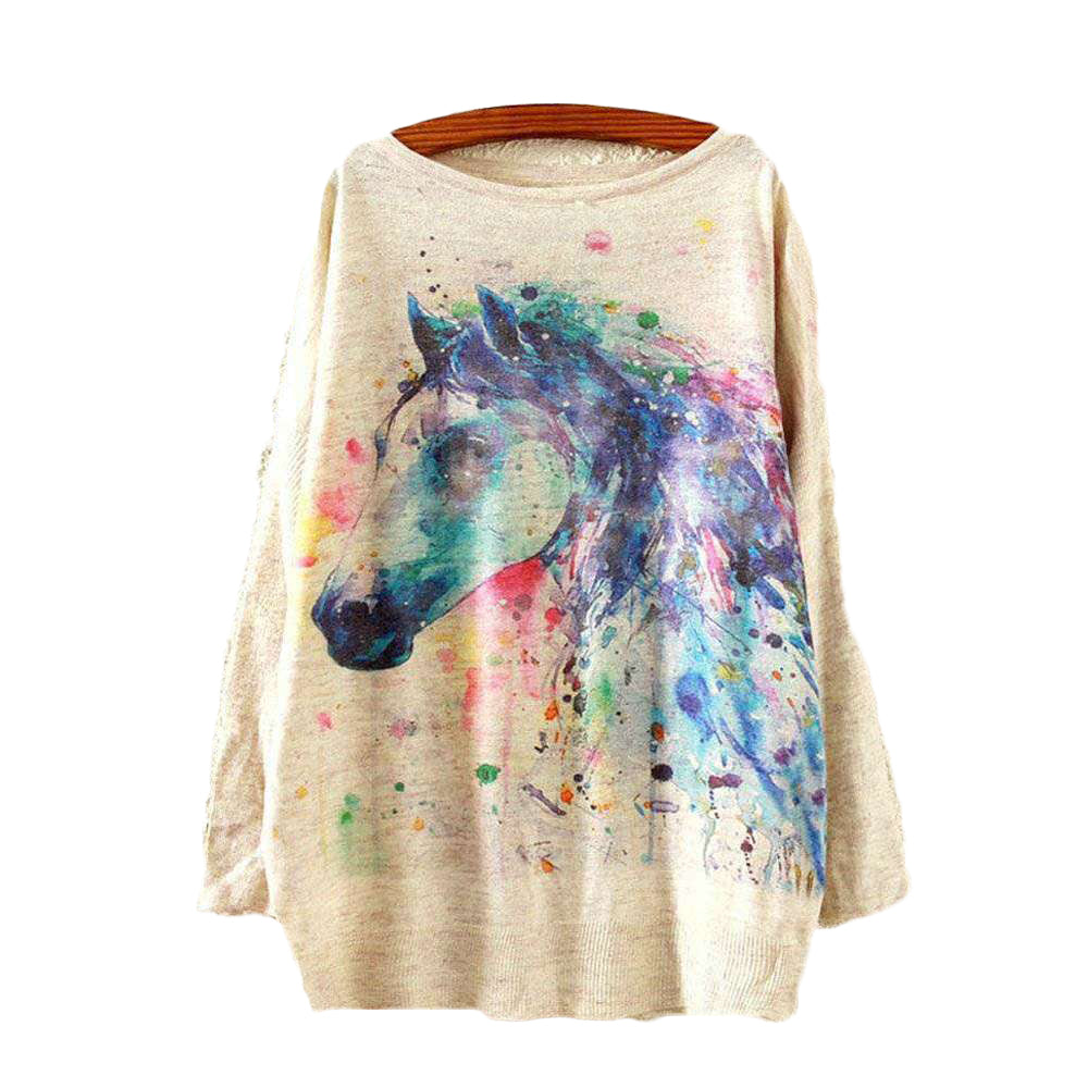 Watercolor Horse Printed Knitted Long Sleeve-women-wanahavit-One Size-wanahavit