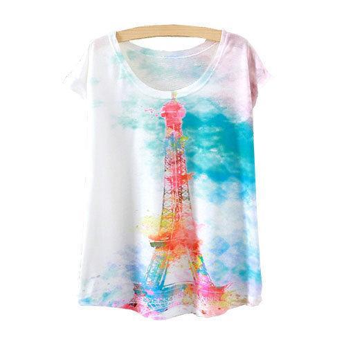 Watercolor Eiffel Tower Printed Short Sleeve Tees-women-wanahavit-One Size-wanahavit