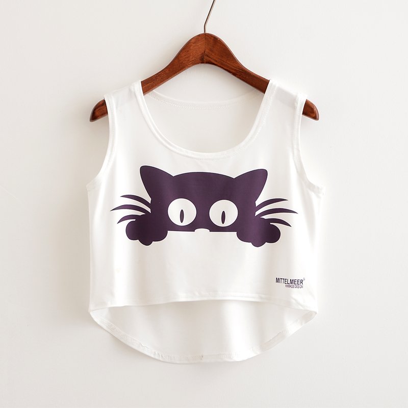 Cat Peeking Printed Crop Top Sleeveless Shirt-women-wanahavit-TP858-One Size-wanahavit