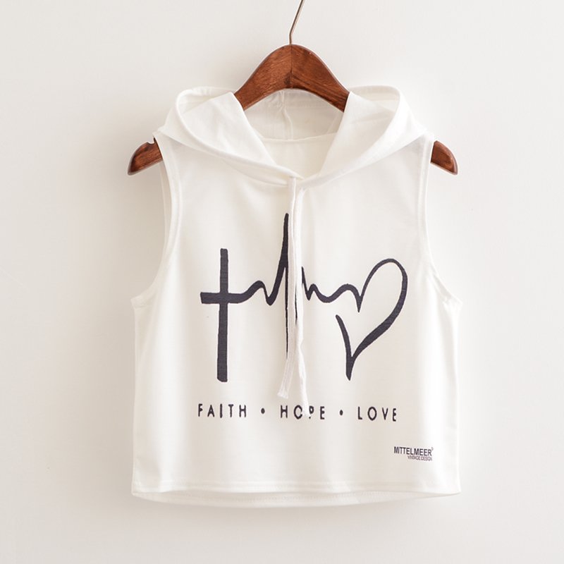 Crop Top Printed Sleeveless Hoodie-women fashion & fitness-wanahavit-White Faith Love Hope-L-wanahavit