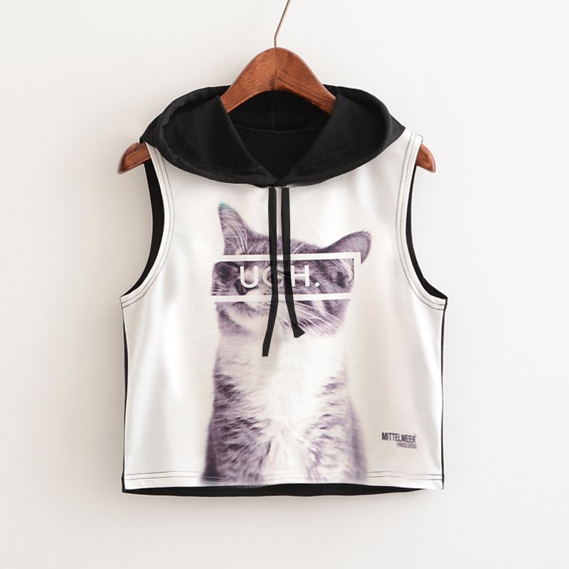 Crop Top Printed Sleeveless Hoodie-women fashion & fitness-wanahavit-Black Ugh Cat-L-wanahavit