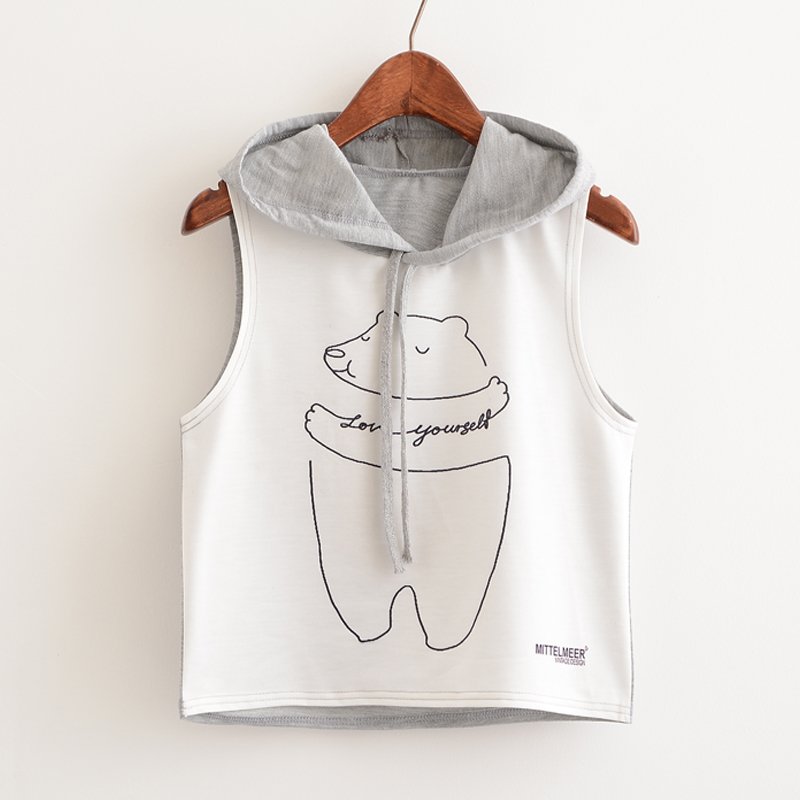 Crop Top Printed Sleeveless Hoodie-women fashion & fitness-wanahavit-Gray Bear-L-wanahavit