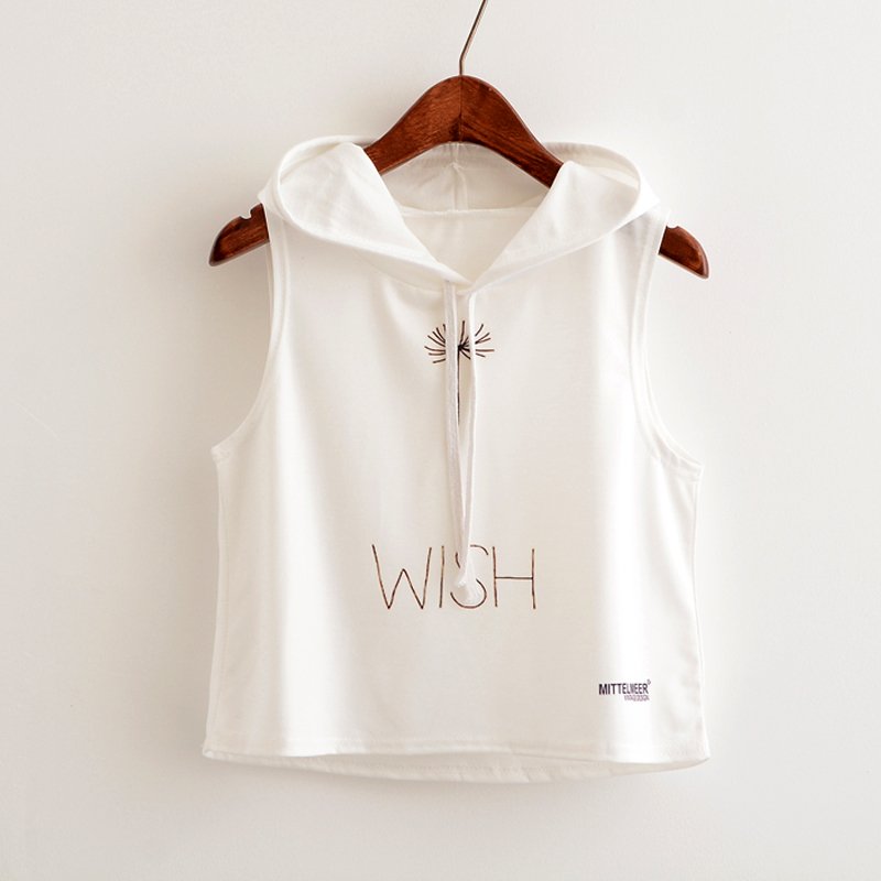 Crop Top Printed Sleeveless Hoodie-women fashion & fitness-wanahavit-White Wish-L-wanahavit