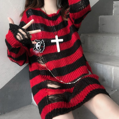 Load image into Gallery viewer, Pink Striped Gothic Sweaters Women Ripped Holes Loose Knitted Pullover Frayed Fairy Grunge Jumpers Emo Streetwear Lolita
