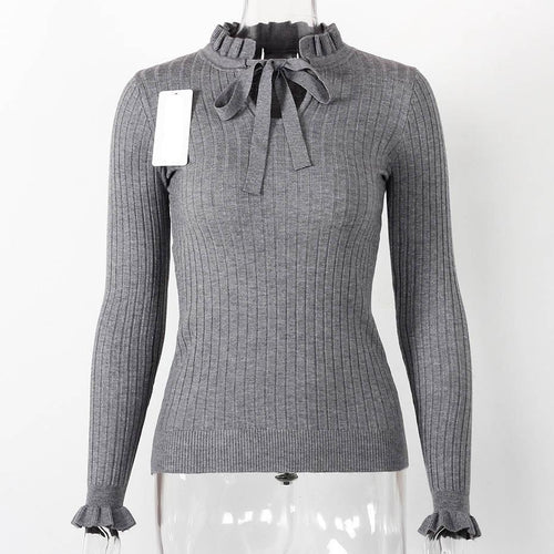 Load image into Gallery viewer, Lace Up Knitted Sweater Long Sleeve Sweater-women-wanahavit-Gray-One Size-wanahavit
