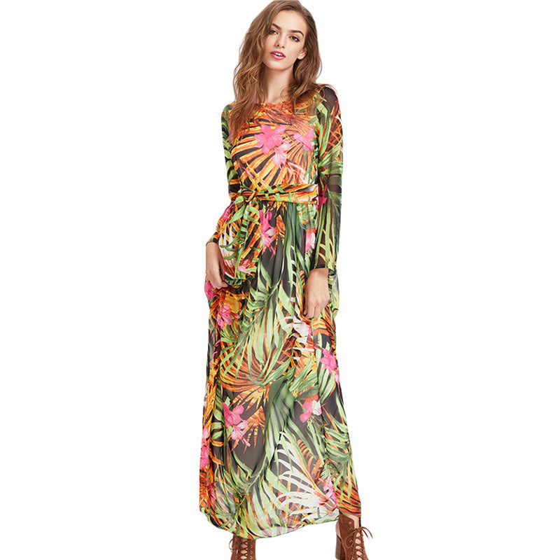 Leaf Print Long Sleeve Dress-women-wanahavit-Green-L-wanahavit