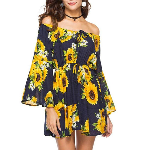 Load image into Gallery viewer, Sunflower Printed Bohemian Summer Dress-women-wanahavit-Black-XXL-wanahavit
