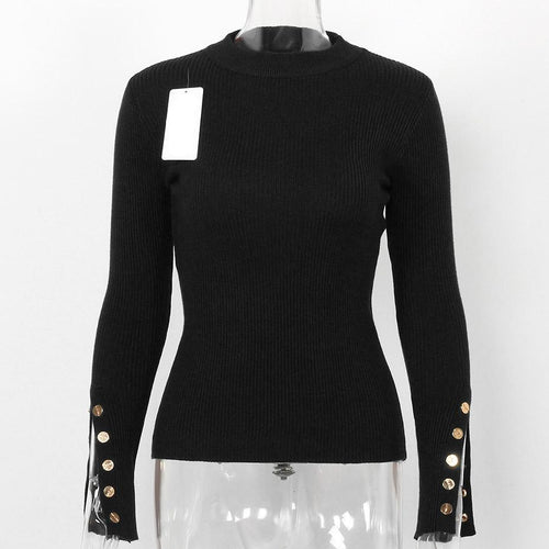Load image into Gallery viewer, Buttoned Slit Long Sleeve Sweater-women-wanahavit-Black-One Size-wanahavit
