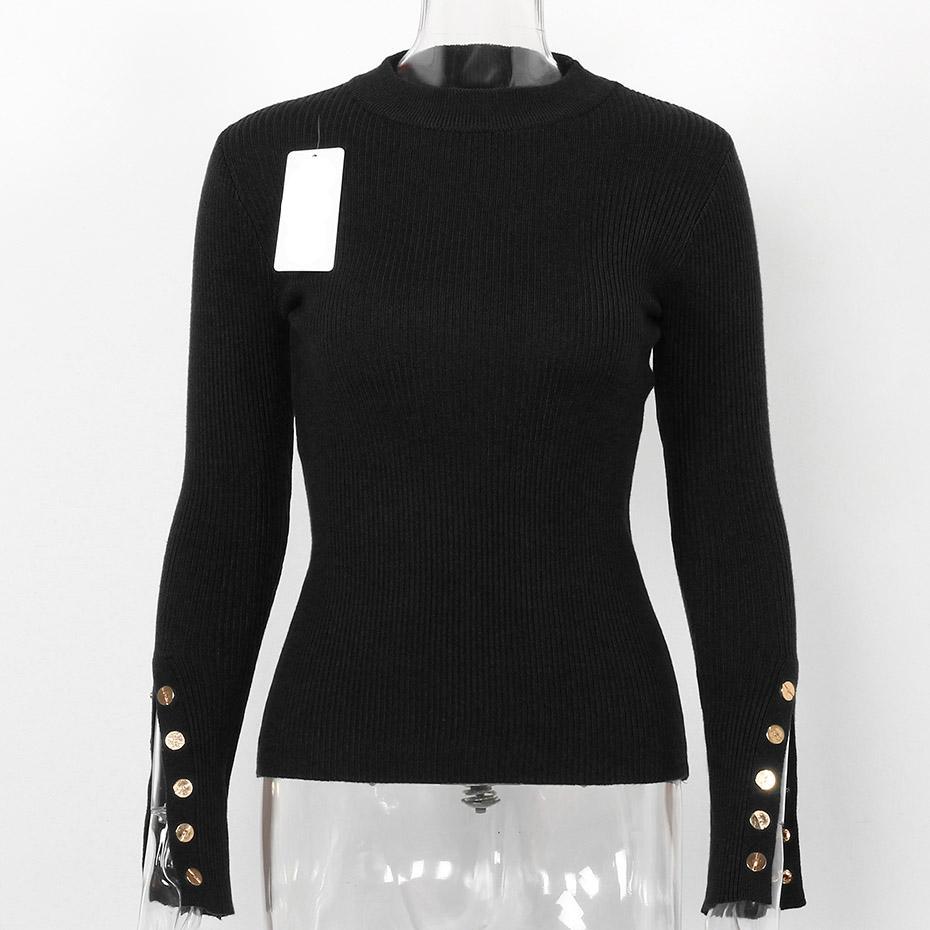 Buttoned Slit Long Sleeve Sweater-women-wanahavit-Black-One Size-wanahavit