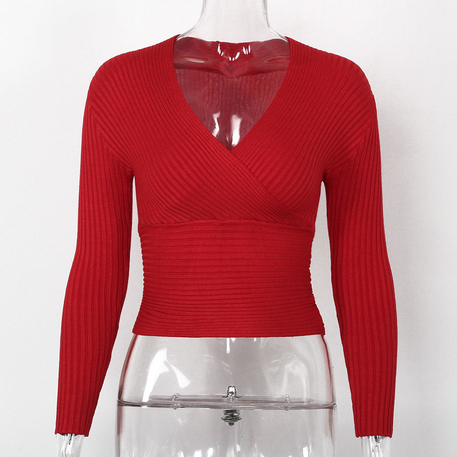 V-Neck Slim Fit Off Shoulder Long Sleeve Shirt-women-wanahavit-Red-One Size-wanahavit