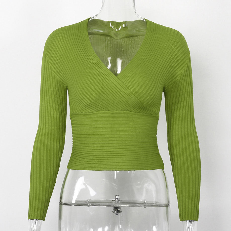 V-Neck Slim Fit Off Shoulder Long Sleeve Shirt-women-wanahavit-Light green-One Size-wanahavit