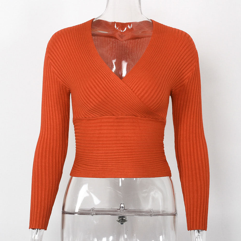 V-Neck Slim Fit Off Shoulder Long Sleeve Shirt-women-wanahavit-Orange-One Size-wanahavit