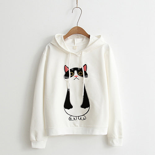 Load image into Gallery viewer, Standing Cat Embroidered Solid Color Hoodies-women-wanahavit-White-One Size-wanahavit
