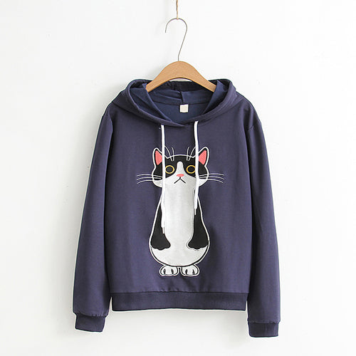 Load image into Gallery viewer, Standing Cat Embroidered Solid Color Hoodies-women-wanahavit-dark blue-One Size-wanahavit
