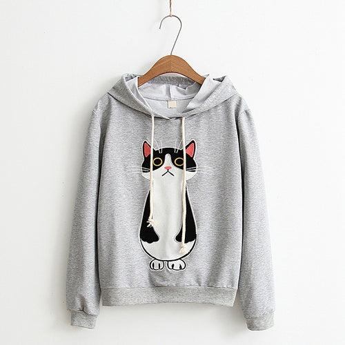 Load image into Gallery viewer, Standing Cat Embroidered Solid Color Hoodies-women-wanahavit-Gray-One Size-wanahavit
