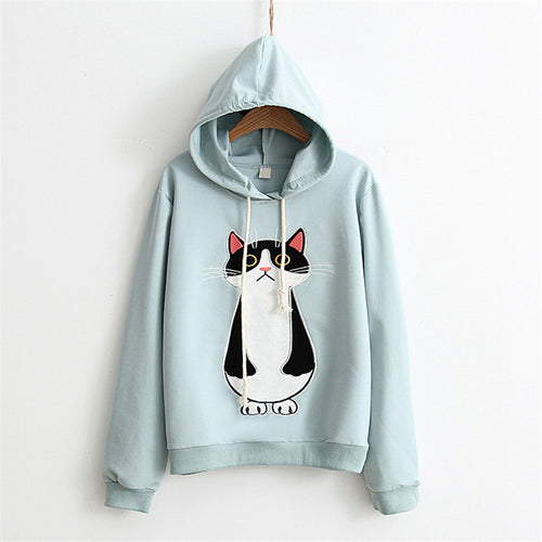 Load image into Gallery viewer, Standing Cat Embroidered Solid Color Hoodies-women-wanahavit-light green-One Size-wanahavit
