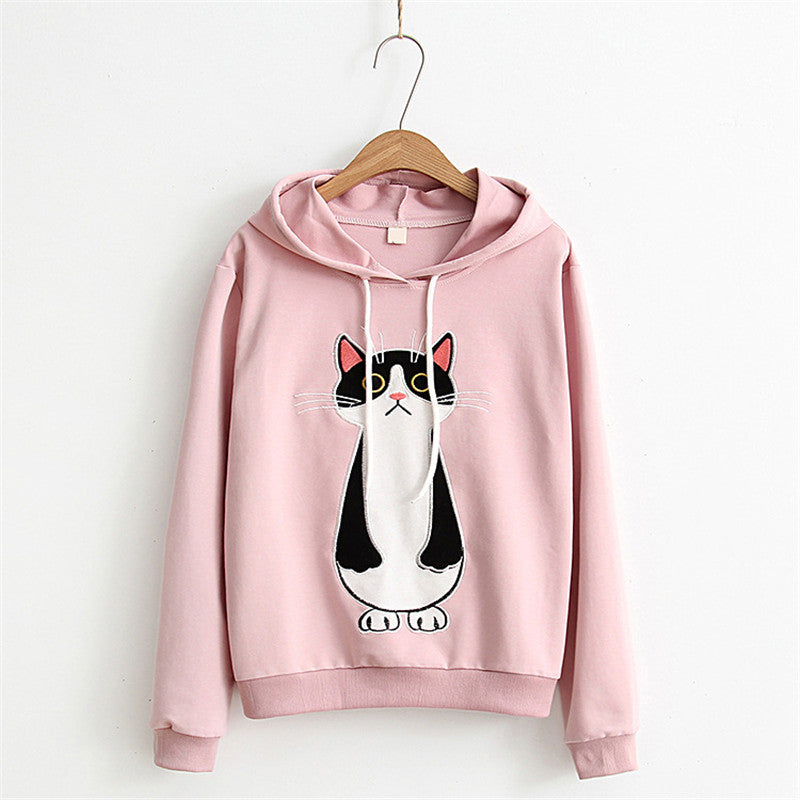Standing Cat Embroidered Solid Color Hoodies-women-wanahavit-Pink-One Size-wanahavit