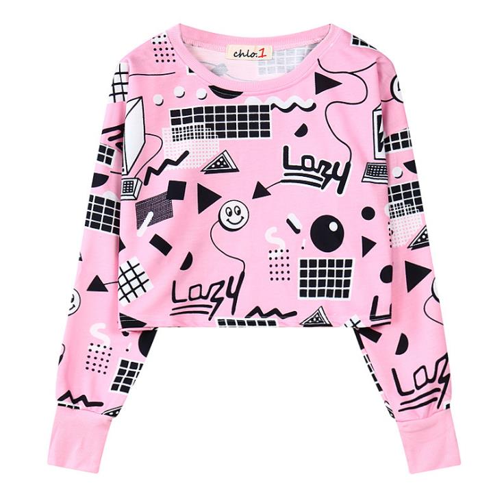 Lazy Geometric Doodle Crop Top Long Sleeve-women-wanahavit-Pink-One Size-wanahavit