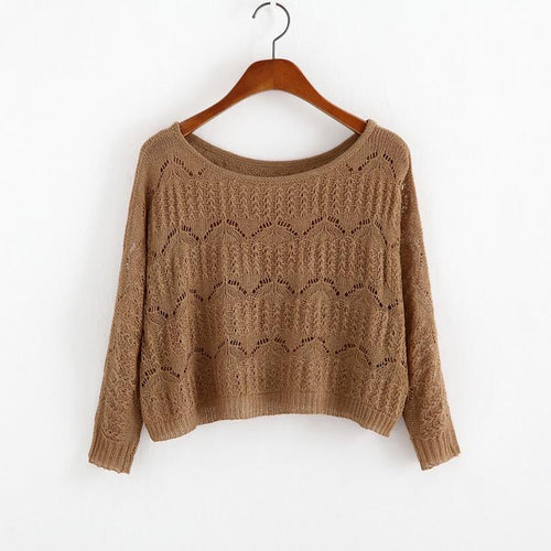 Load image into Gallery viewer, Hollow Out Knitted Long Sleeve Sweatshirt-women-wanahavit-Brown-One Size-wanahavit
