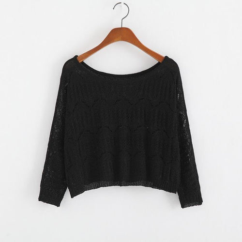 Load image into Gallery viewer, Hollow Out Knitted Long Sleeve Sweatshirt-women-wanahavit-Black-One Size-wanahavit
