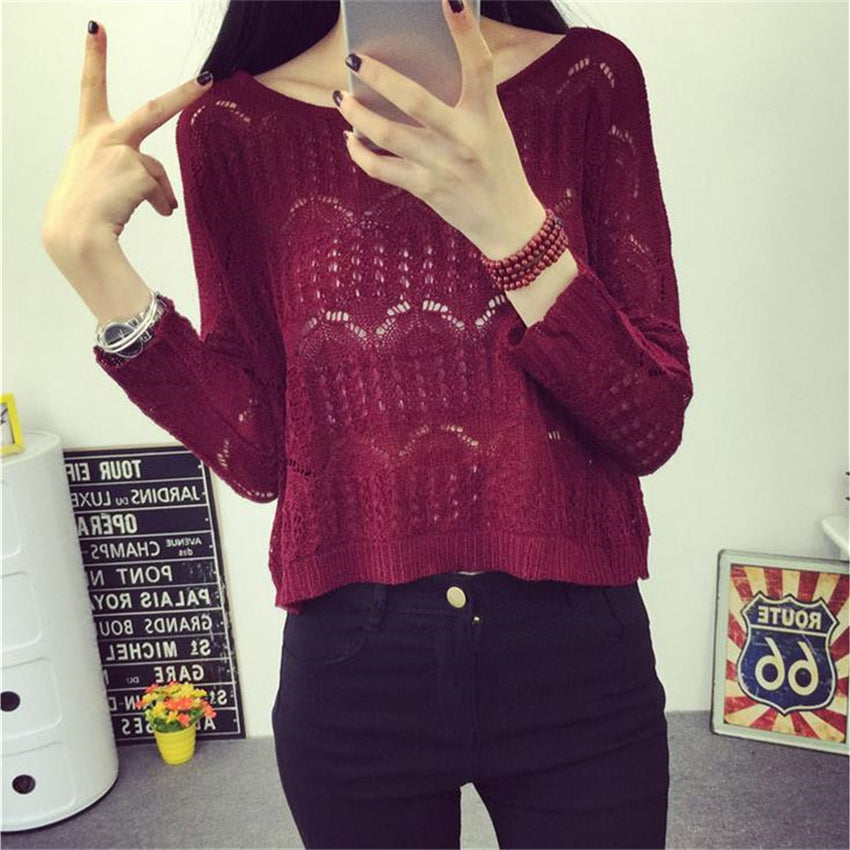 Hollow Out Knitted Long Sleeve Sweatshirt-women-wanahavit-Red Wine-One Size-wanahavit