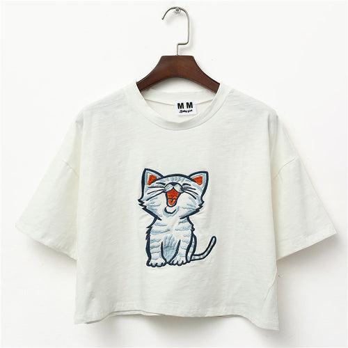 Load image into Gallery viewer, Yawning Cat Embroid Harajuku Style Crop Top Shirt-women-wanahavit-White-One Size-wanahavit
