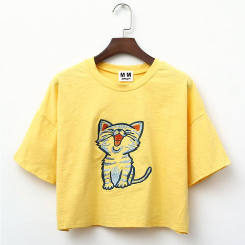 Load image into Gallery viewer, Yawning Cat Embroid Harajuku Style Crop Top Shirt-women-wanahavit-Yellow-One Size-wanahavit
