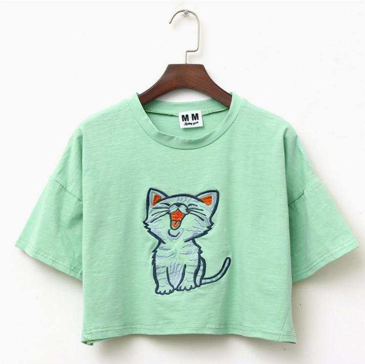 Yawning Cat Embroid Harajuku Style Crop Top Shirt-women-wanahavit-Green-One Size-wanahavit