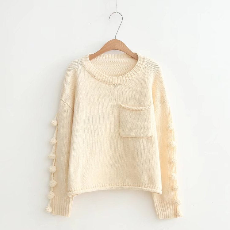 Casual Pocketed Tassel Knitted Sweater-women-wanahavit-Beige-One Size-wanahavit