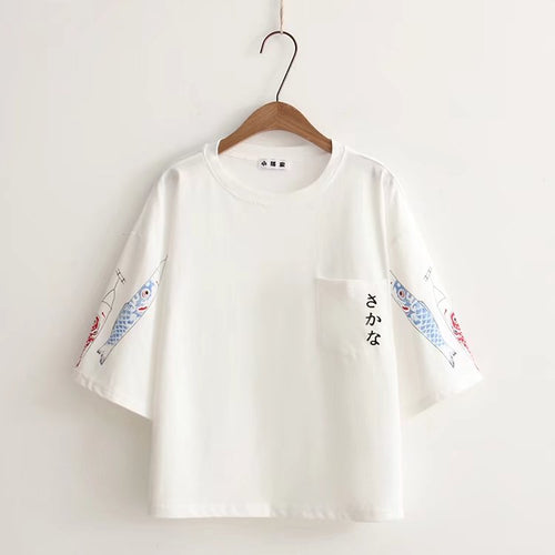 Load image into Gallery viewer, Japan Fish Style Printed Pocket Loose Tees-women-wanahavit-White-One Size-wanahavit
