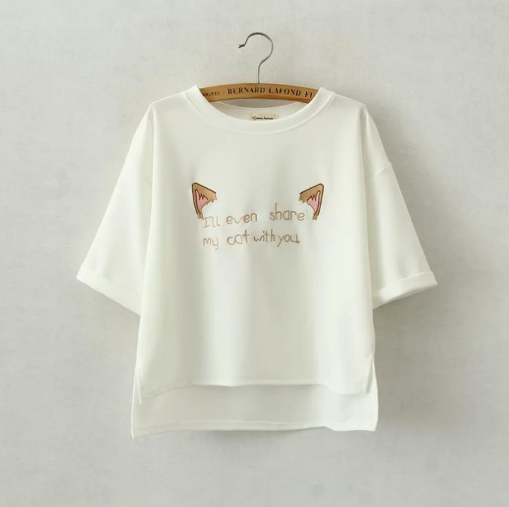 Share My Cat With You Embroidery Shirt-women-wanahavit-White-S-wanahavit