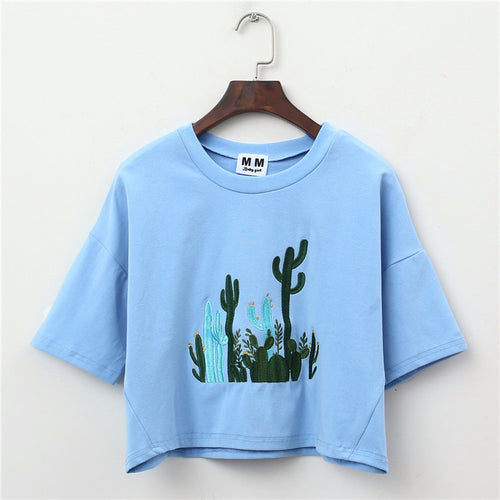 Load image into Gallery viewer, Cactus Embroidery Harajuku Style Crop Top Shirt-women-wanahavit-Blue-One Size-wanahavit
