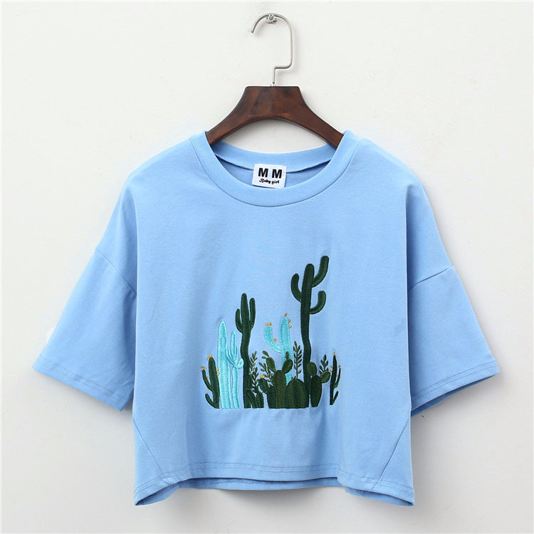 Cactus Embroidery Harajuku Style Crop Top Shirt-women-wanahavit-Blue-One Size-wanahavit
