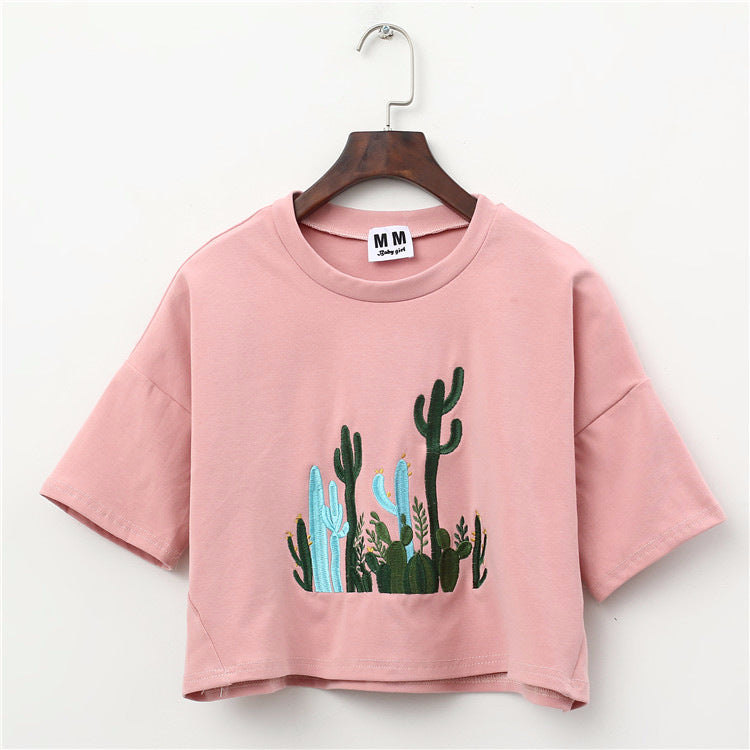 Cactus Embroidery Harajuku Style Crop Top Shirt-women-wanahavit-Pink-One Size-wanahavit