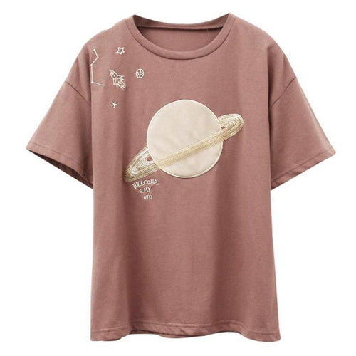 Load image into Gallery viewer, Saturn Embroidery Patchwork Cotton Tees-women-wanahavit-Brown-One Size-wanahavit
