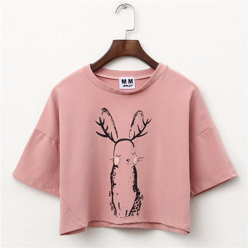 Load image into Gallery viewer, Cute Rabbit Printed Harajuku Crop Top Shirt-women-wanahavit-Pink-One Size-wanahavit
