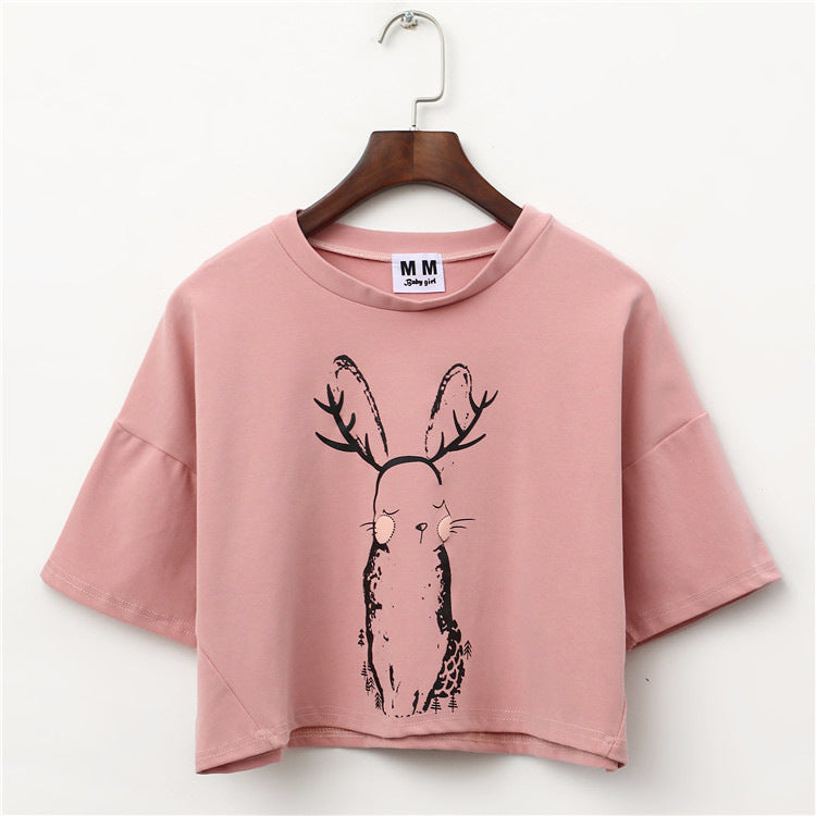 Cute Rabbit Printed Harajuku Crop Top Shirt-women-wanahavit-Pink-One Size-wanahavit