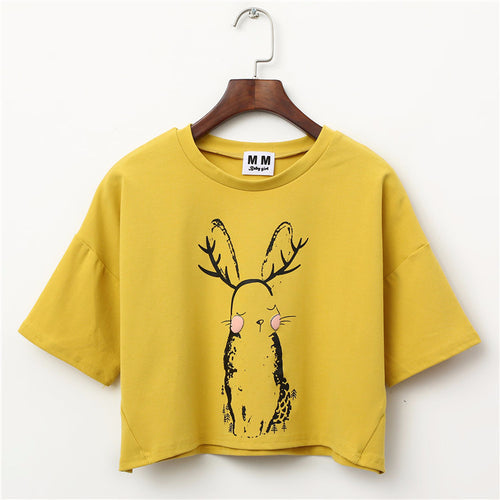 Load image into Gallery viewer, Cute Rabbit Printed Harajuku Crop Top Shirt-women-wanahavit-Yellow-One Size-wanahavit
