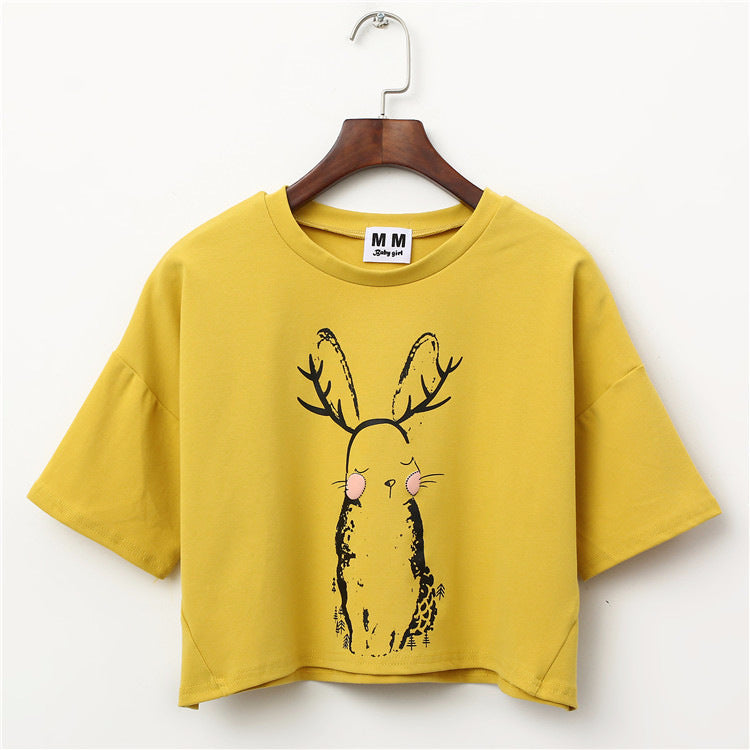 Cute Rabbit Printed Harajuku Crop Top Shirt-women-wanahavit-Yellow-One Size-wanahavit