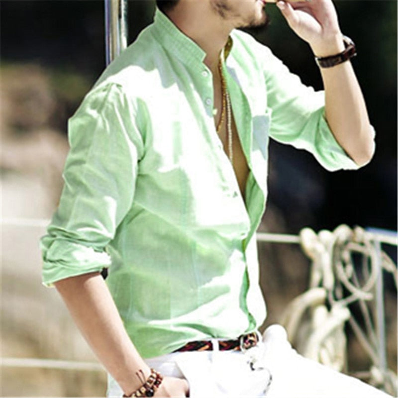 Spring Casual Linen Long Sleeve Shirt #S285-men-wanahavit-light fruit green-S-wanahavit
