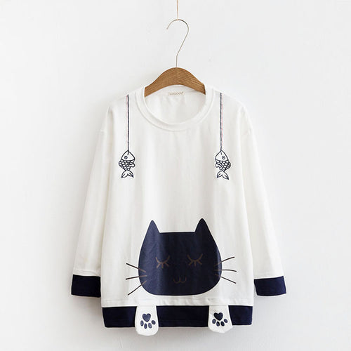 Load image into Gallery viewer, Cute Sleeping Cat Printed Sweatshirt-women-wanahavit-White-One Size-wanahavit
