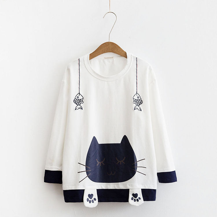 Cute Sleeping Cat Printed Sweatshirt-women-wanahavit-White-One Size-wanahavit