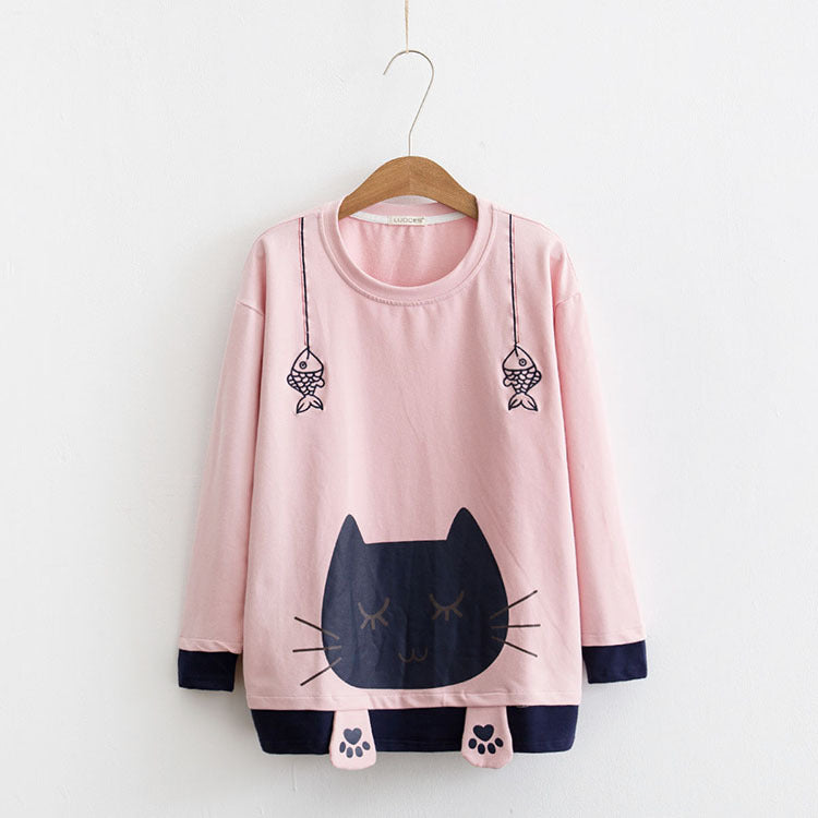 Cute Sleeping Cat Printed Sweatshirt-women-wanahavit-Pink-One Size-wanahavit