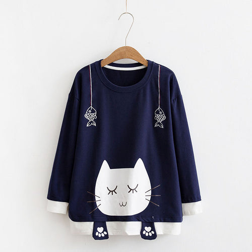 Load image into Gallery viewer, Cute Sleeping Cat Printed Sweatshirt-women-wanahavit-Navy Blue-One Size-wanahavit
