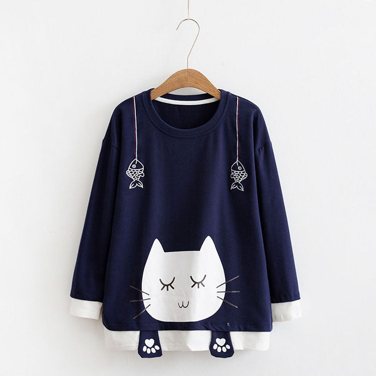 Cute Sleeping Cat Printed Sweatshirt-women-wanahavit-Navy Blue-One Size-wanahavit