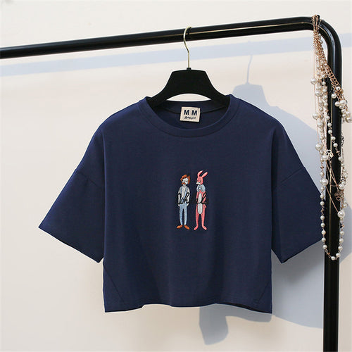 Load image into Gallery viewer, Ohh Lala Print Harajuku Style Crop Top Shirt-women-wanahavit-Navy Blue-One Size-wanahavit
