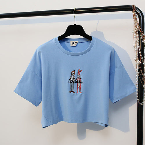 Load image into Gallery viewer, Ohh Lala Print Harajuku Style Crop Top Shirt-women-wanahavit-Blue-One Size-wanahavit
