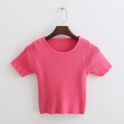 Load image into Gallery viewer, Elastic Slim Fit Knitted Crop Top Shirt-women-wanahavit-rosered-One Size-wanahavit
